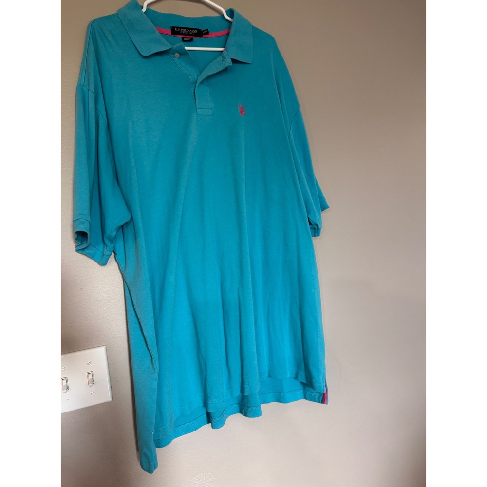 US Polo Assn Mens 2XLT Turquoise Blue Luxury Feel Pique Polo Shirt Pink Logo
